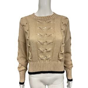 LORENA ANTONIAZZI Beige Knit Cable Sequin Accent Crew Neck Sweater 42 US 6